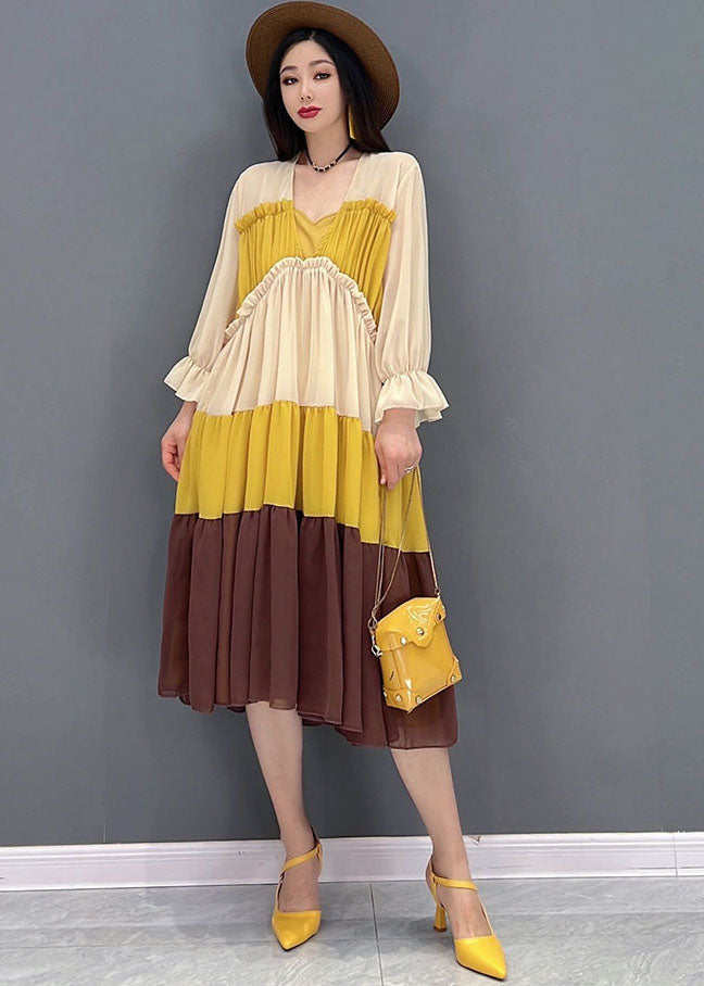 Style Colorblock Patchwork Chiffon Pleated Mid Dresses Long Sleeve