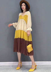 Style Colorblock Patchwork Chiffon Plissee Mid Kleider Langarm