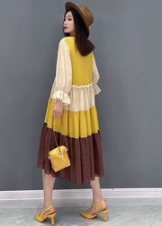 Style Colorblock Patchwork Chiffon Pleated Mid Dresses Long Sleeve