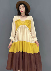 Style Colorblock Patchwork Chiffon Plissee Mid Kleider Langarm