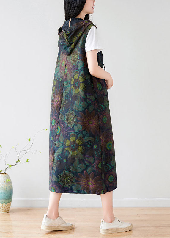 Style Colorblock Zippered Hooded Print Cotton Long Dress Sleeveless