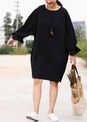 Style Cotton clothes Pakistani O-neck Fashion Slit Black Dress Knee-length