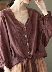 Style Dark Brown tie waist V Neck Embroideried Cotton Tops Batwing Sleeve