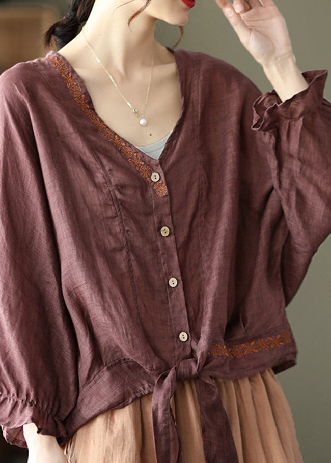 Style Dark Brown tie waist V Neck Embroideried Cotton Tops Batwing Sleeve