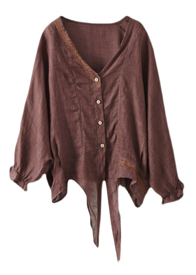 Style Dark Brown tie waist V Neck Embroideried Cotton Tops Batwing Sleeve