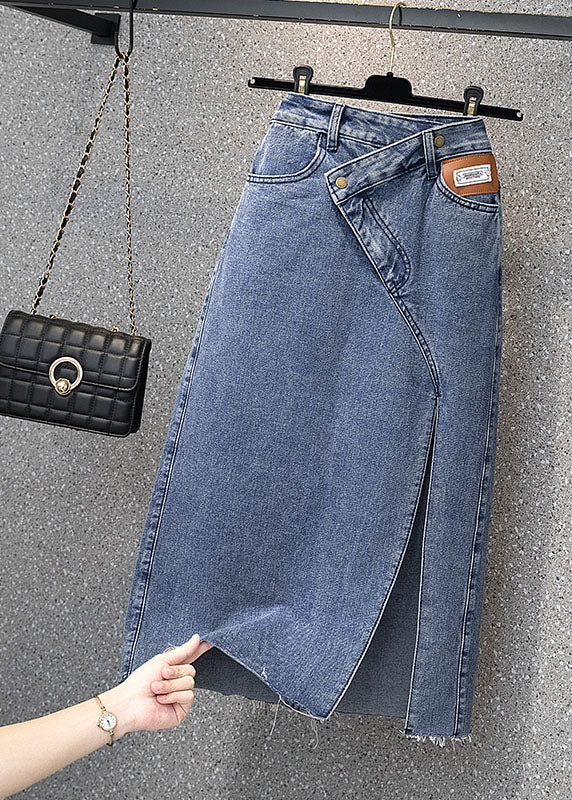 Stil Denim Hellblau Hohe Taille Seitlich offener Knopf Asymmetrische Taschen Baumwolle A-Linie Röcke Sommer