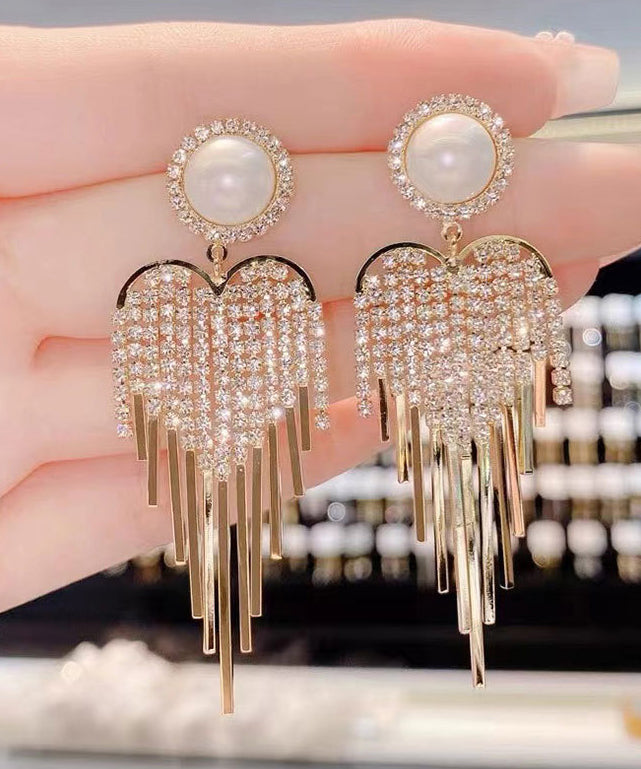 Style Gold Copper Overgild Zircon Pearl Tassel Drop Earrings