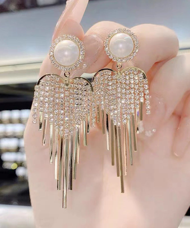 Style Gold Copper Overgild Zircon Pearl Tassel Drop Earrings