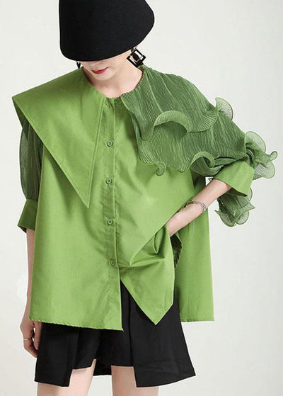 Style Green Asymmetrical Design Patchwork Wrinkled Blouses Half Sleeve - bagstylebliss