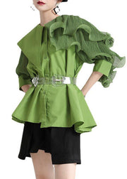 Style Green Asymmetrical Design Patchwork Wrinkled Blouses Half Sleeve - bagstylebliss