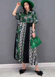 Style Green Asymmetrical Design Print Silk Shirt Dress Short Sleeve