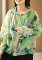 Style Green Hooded Zippered Pockets Drawstring Print UPF 50+ Coat Jackets Summer