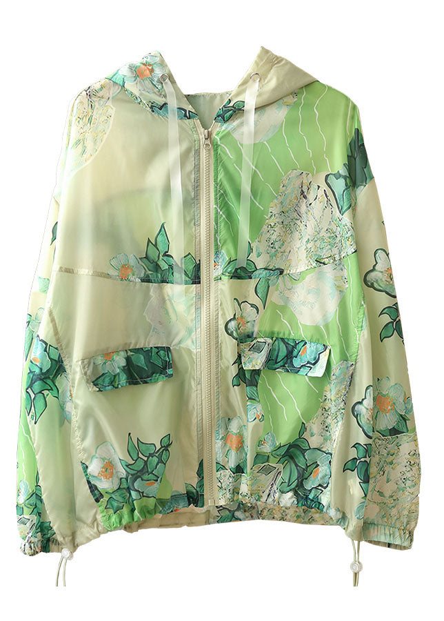 Style Green Hooded Zippered Pockets Drawstring Print UPF 50+ Coat Jackets Summer