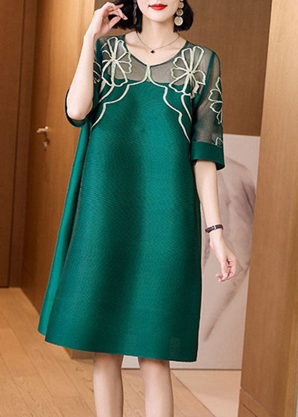 Style Green O-Neck Hollow Out Print Silk A Line Dresses Short Sleeve