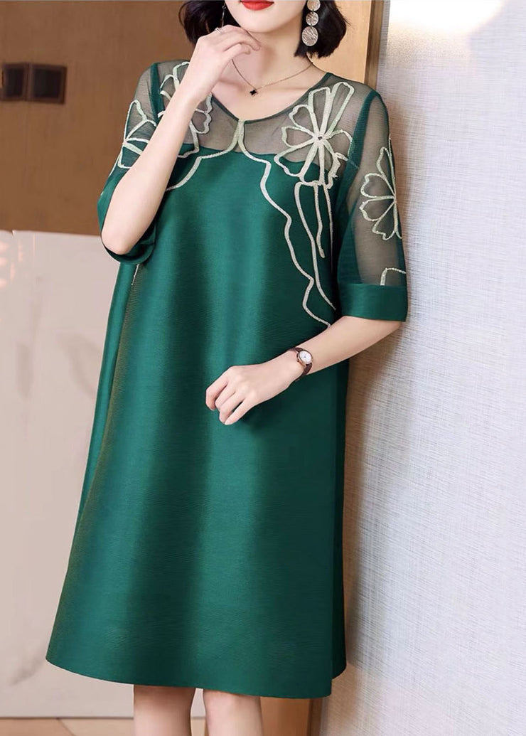 Style Green O-Neck Hollow Out Print Silk A Line Dresses Short Sleeve