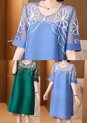 Style Green O-Neck Hollow Out Print Silk A Line Dresses Short Sleeve