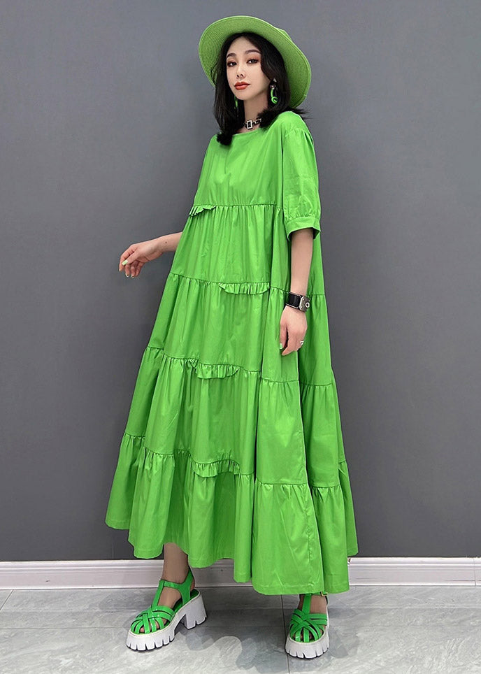 Style Green O-Neck Patchwork Pockets Ankle Dress Short Sleeve