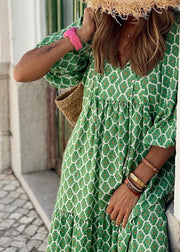 Style Green Print Patchwork Exra Large Hem Party Long Dress Half Sleeve