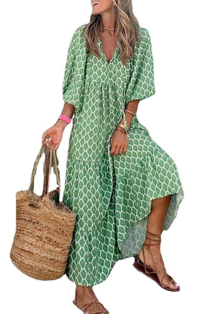 Style Green Print Patchwork Exra Large Hem Party Long Dress Half Sleeve