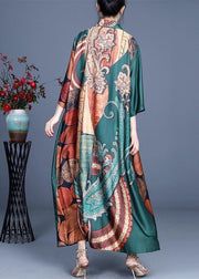 Style Green Print Summer Silk Half Sleeve Cardigans Long - bagstylebliss