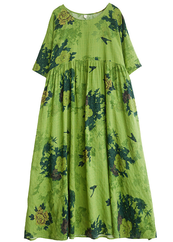 Style Green Print Wrinkled Long Dresses Half Sleeve