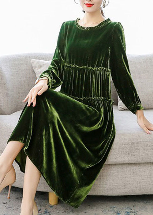 Style Green Ruffled Patchwork Velour Long Dresses Spring