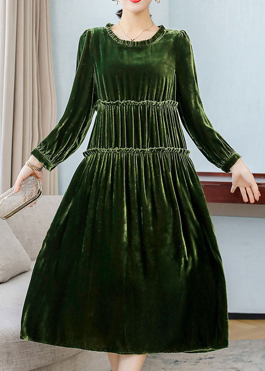 Style Green Ruffled Patchwork Velour Long Dresses Spring