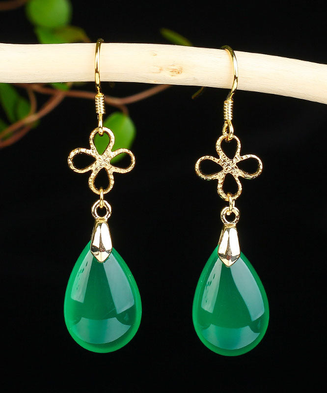 Style Green Sterling Silver Overgild Water Drop Chalcedony Drop Earrings