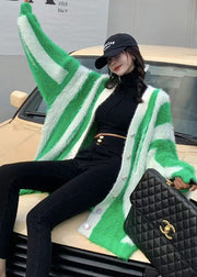 Style Green Striped Cozy Mink Hair Knitted Loose Coat Winter