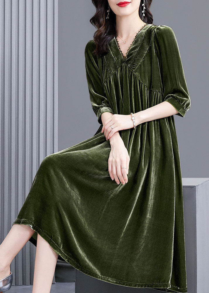 Style Green V Neck Patchwork Velour Party Dress Half Sleeve