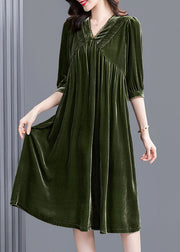 Style Green V Neck Patchwork Velour Party Dress Half Sleeve