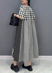 Style Grey Plaid Patchwork Dot Cotton A Line Dress Summer