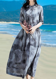 Style Grau Stehkragen Tie-Dye-Leinen-Strandkleid mit kurzen Ärmeln