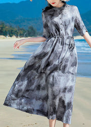 Style Grau Stehkragen Tie-Dye-Leinen-Strandkleid mit kurzen Ärmeln