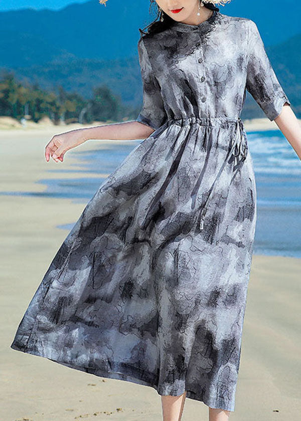 Style Grey Stand Collar Tie Waist Tie Dye Linen Beach Dress Short Sleeve