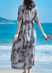 Style Grey Stand Collar Tie Waist Tie Dye Linen Beach Dress Short Sleeve