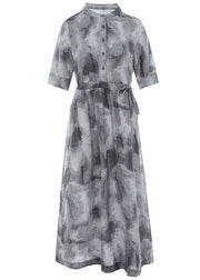 Style Grey Stand Collar Tie Waist Tie Dye Linen Beach Dress Short Sleeve