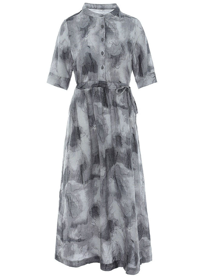 Style Grey Stand Collar Tie Waist Tie Dye Linen Beach Dress Short Sleeve