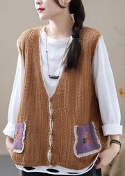Style Khaki Embroideried Pockets Floral Fall Shirt Knit Vest Sleeveless - bagstylebliss