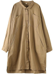 Style Khaki PeterPan Collar Pockets Button low high design Fall Long sleeve Trench Coat