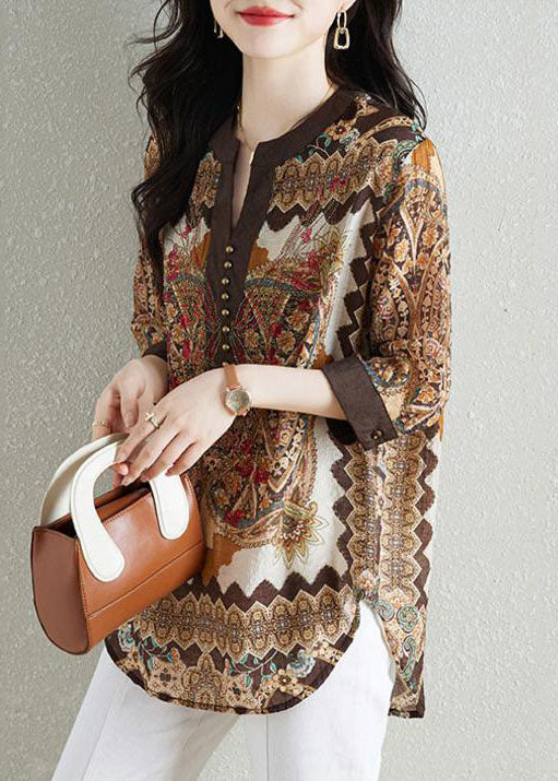 Style Khaki V Neck Print Patchwork Chiffon Shirt Tops Summer