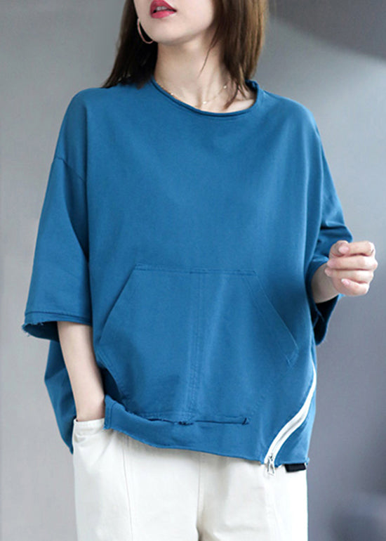 Style Lake Blue O-Neck Zip-Up-Taschen Patchwork Loose Top Half Sleeve