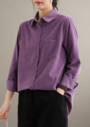 Style Lapel Pockets Spring Crane Tops Design Purple Shirt - bagstylebliss