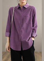 Style Lapel Pockets Spring Crane Tops Design Purple Shirt - bagstylebliss