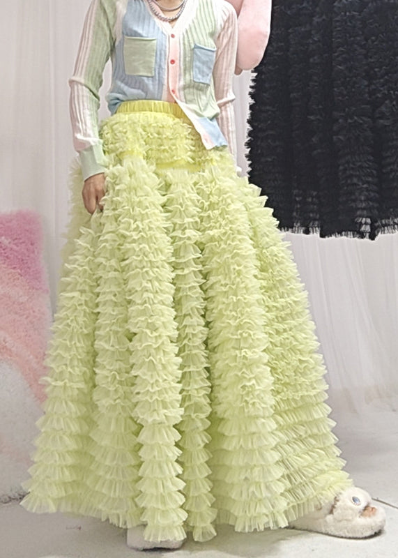 Style Light Green Layered Ruffled Patchwork Tulle Skirt Spring