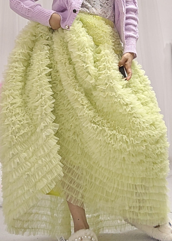 Style Light Green Layered Ruffled Patchwork Tulle Skirt Spring