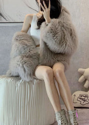 Style Light Grey Hooded Patchwork Fuzzy Fur Fluffy Jacket Winter