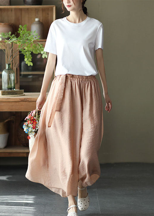 Style Light Pink elastic waist tie waist wide leg Pants Spring