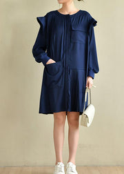 Style Navy Asymmetric Dresses O Neck Chiffon Dress - bagstylebliss