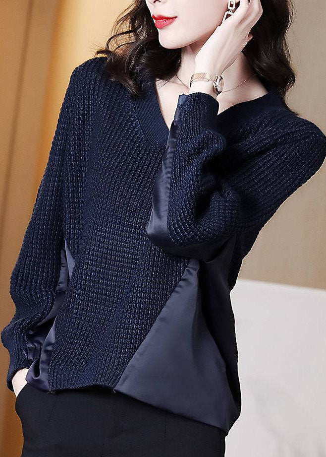 Style Navy Asymmetrischer Patchwork-Strickpullover Winter